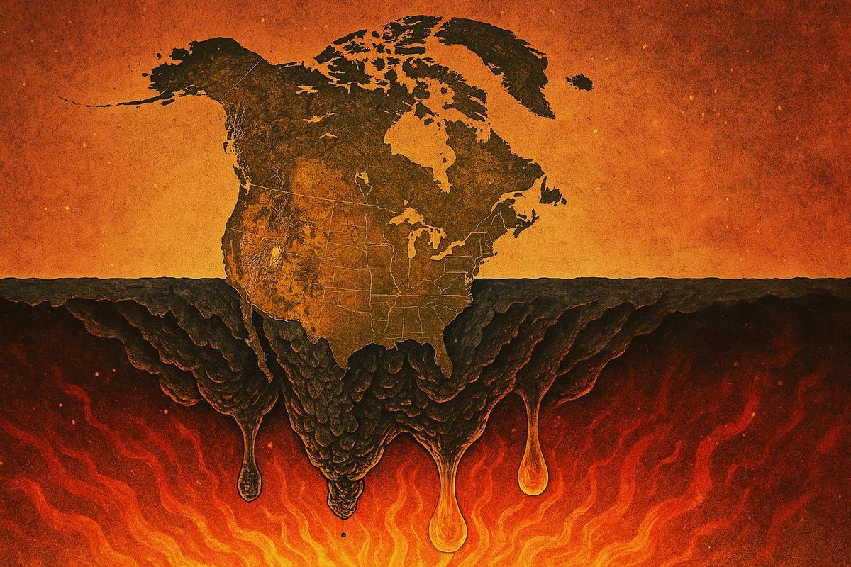 Recreación artística de cómo América del Norte se está hundiendo geológicamente en dirección al núcleo de la Tierra.