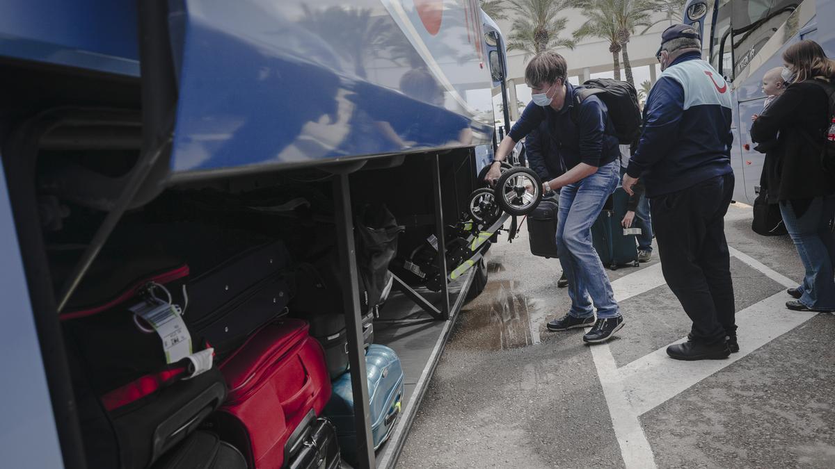 Turistas alemanes cargan sus bultos en un autobús de TUI tras aterrizar en el aeropuerto de Palma