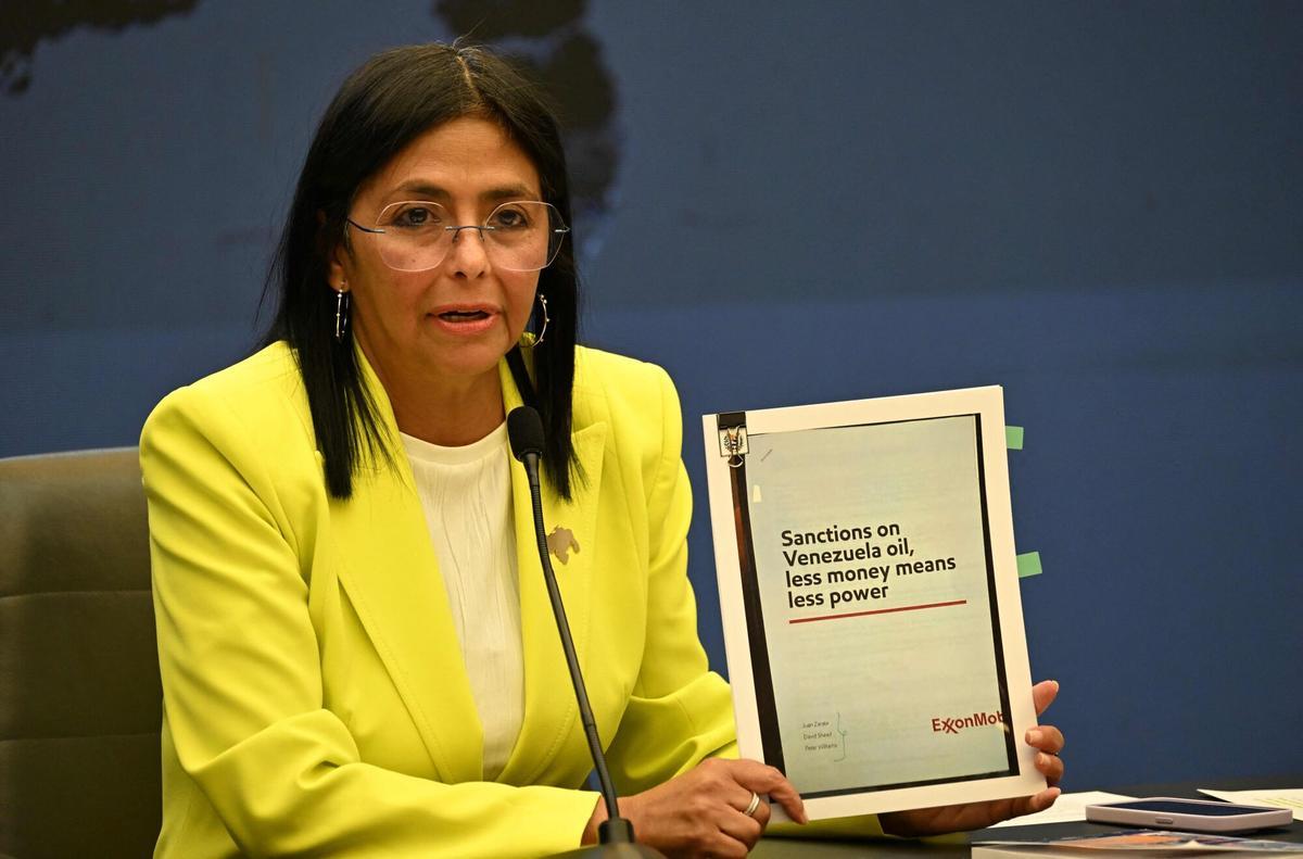 (FILES) Venezuela's Vice-President Delcy Rodriguez speaks during a press conference on the Esseqibo region, border with Guyana, in Caracas on March 10, 2025. On January 3, 2026, Venezuela's Supreme Court ordered Vice President Delcy Rodriguez to become the country's interim leader after the United States seized President Nicolas Maduro and whisked him out of the country. (Photo by Juan BARRETO / AFP)