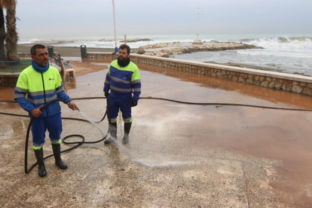 Operarios municipales trabajan limpiando y adecentando las calles y el paseo marítimo de Pedregalejo.