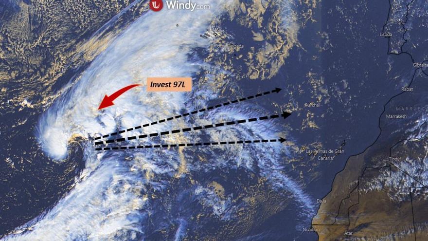 El gráfico muestra las tres posibles trayectorias del ciclón tropical.