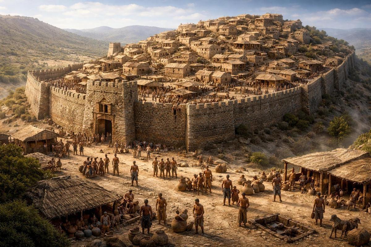 Recreación generada con inteligencia artificial de cómo era el poblado de La Bastida, en Totana.