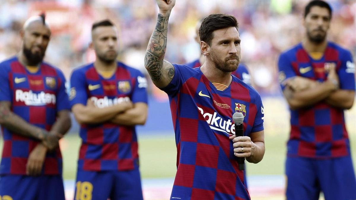 Messi, en un momento de su discurso previo al Gamper
