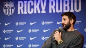 Ricky Rubio, durante su presentación como jugador del FC Barcelona