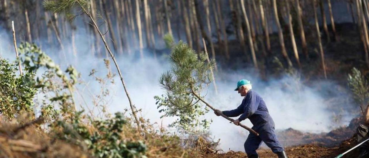 Un vecino lucha contra el fuego en La Veguina (Tapia).