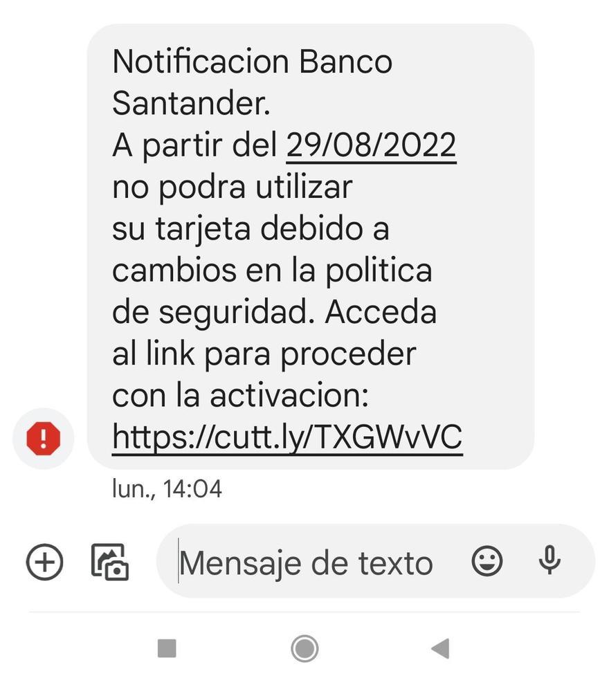 Mensaje que recibió María, en el que le informaban de que su tarjeta iba a dejar de funcionar