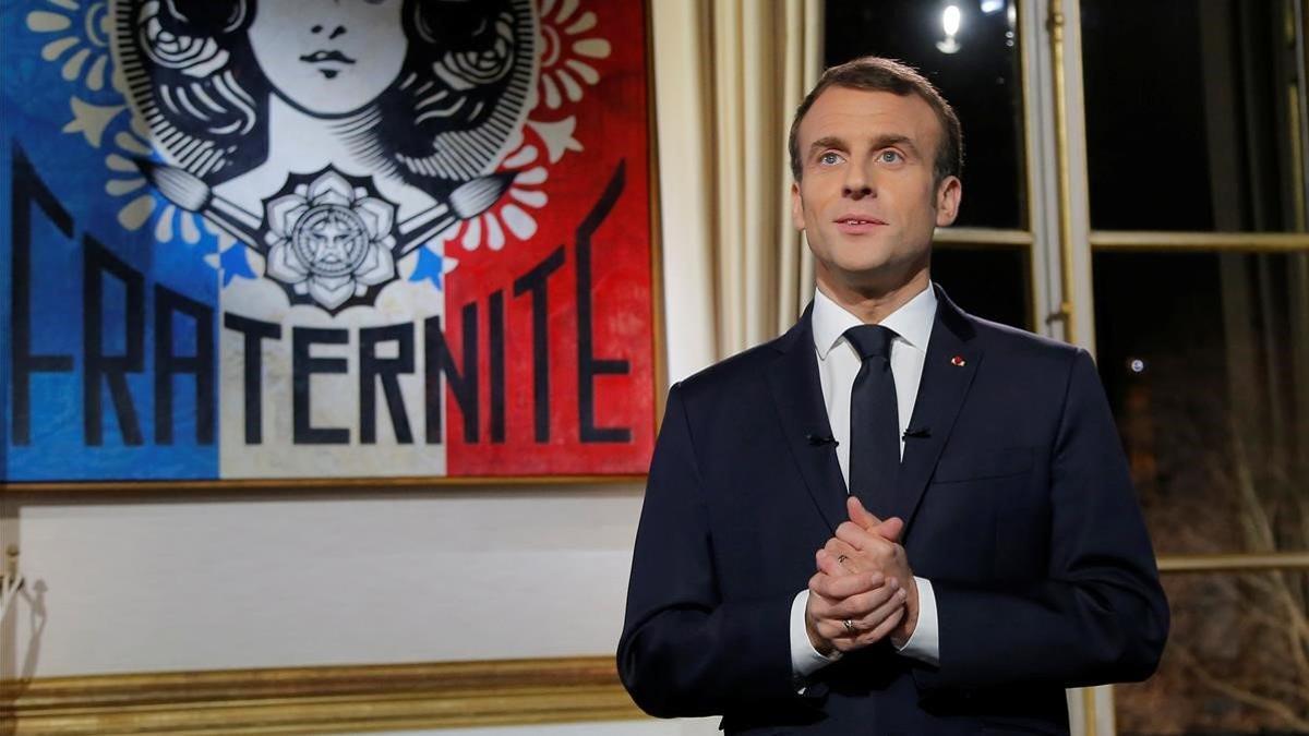 El presidente francés, Emmanuel Macron, durante su mensaje de Fin de Año.