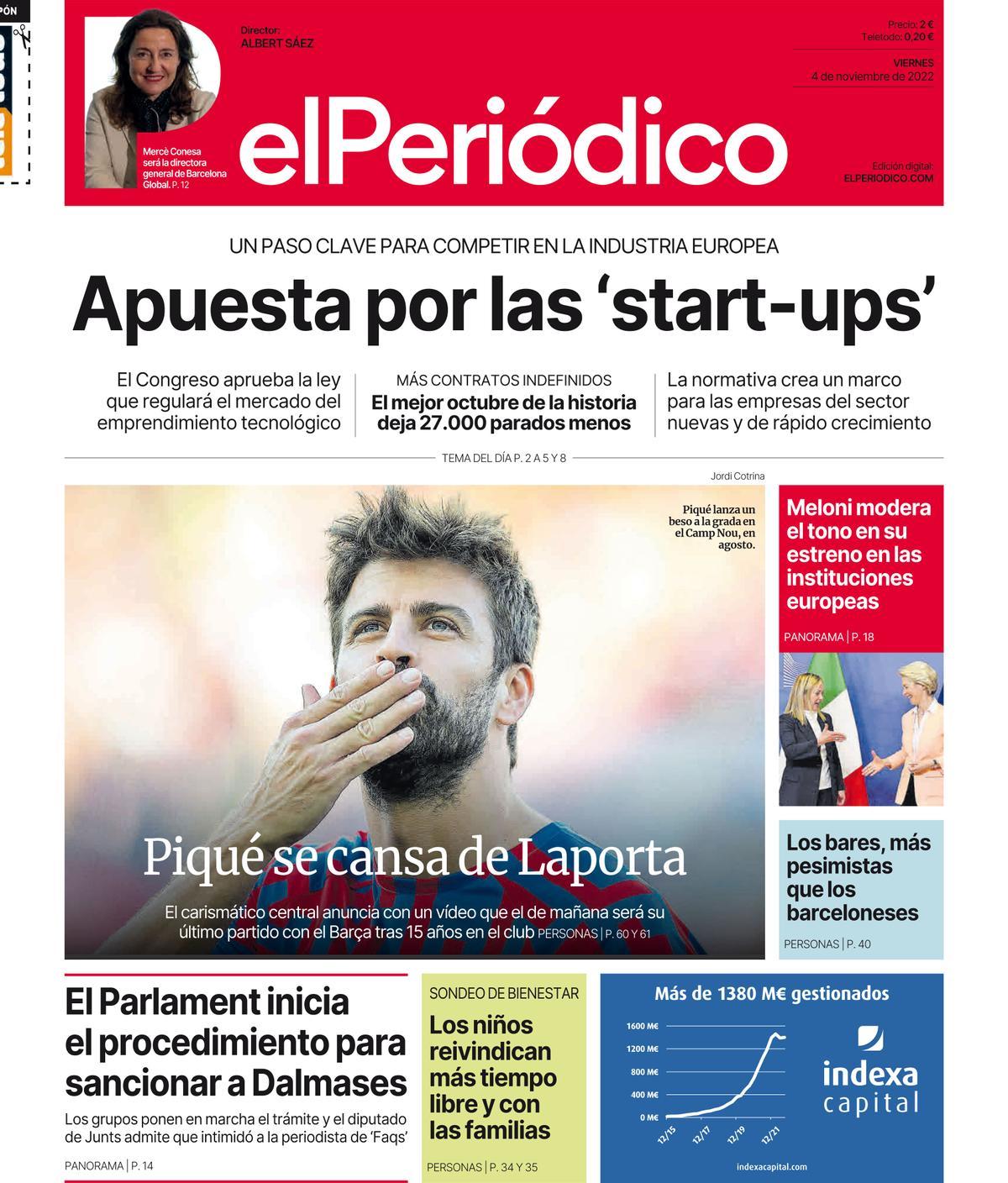 La portada d’EL PERIÓDICO del 4 de novembre del 2022 La portada d’EL PERIÓDICO del 4 de novembre del 2022