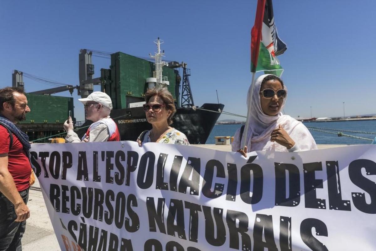 Activistas protestan contra el cargamento de arena.
