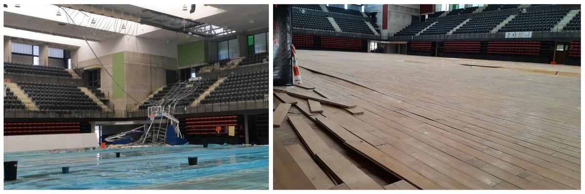 El desprendimiento de una parte de la cubierta sobre las gradas, en septiembre del 2021, dañó el parqué, lo que obligó a arreglar el techo y sustituir el suelo.