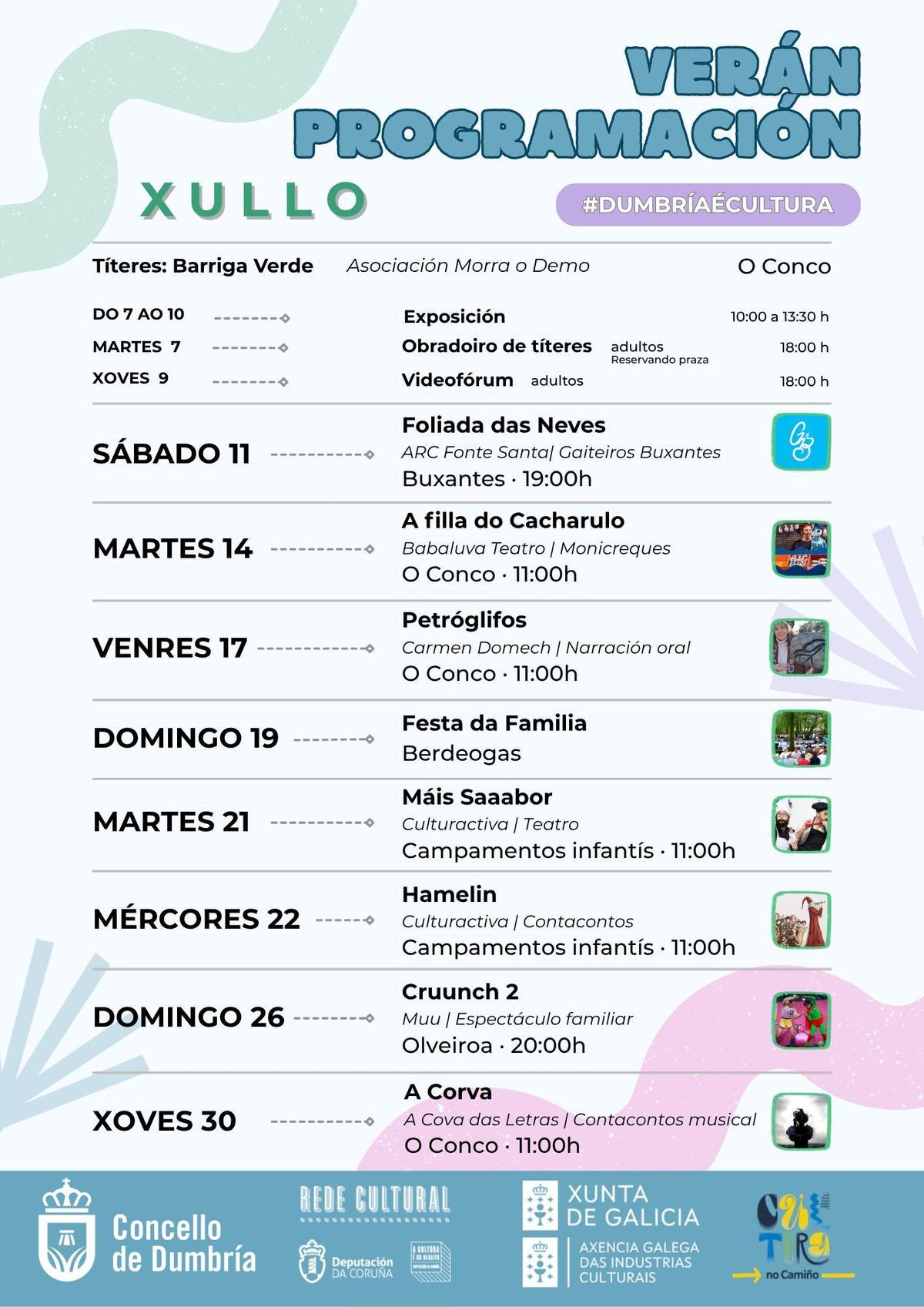 Cartel de actividades para o mes de xullo en Dumbría.