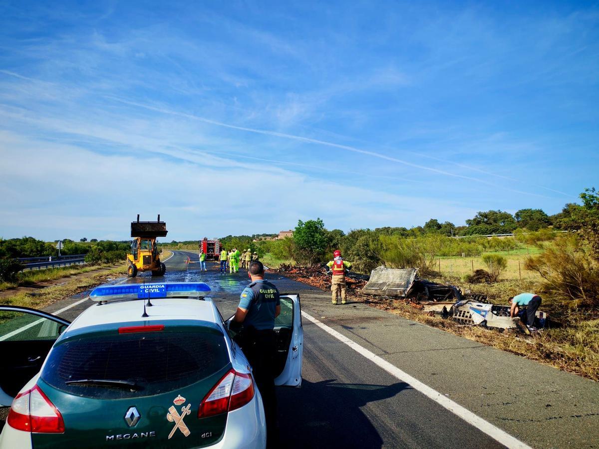 Restos del camión siniestrado a la altura de Aldea del Cano.
