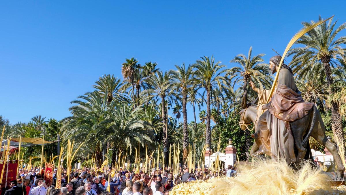 Fervor durante la procesión durante el Domingo de Ramos en Elche.