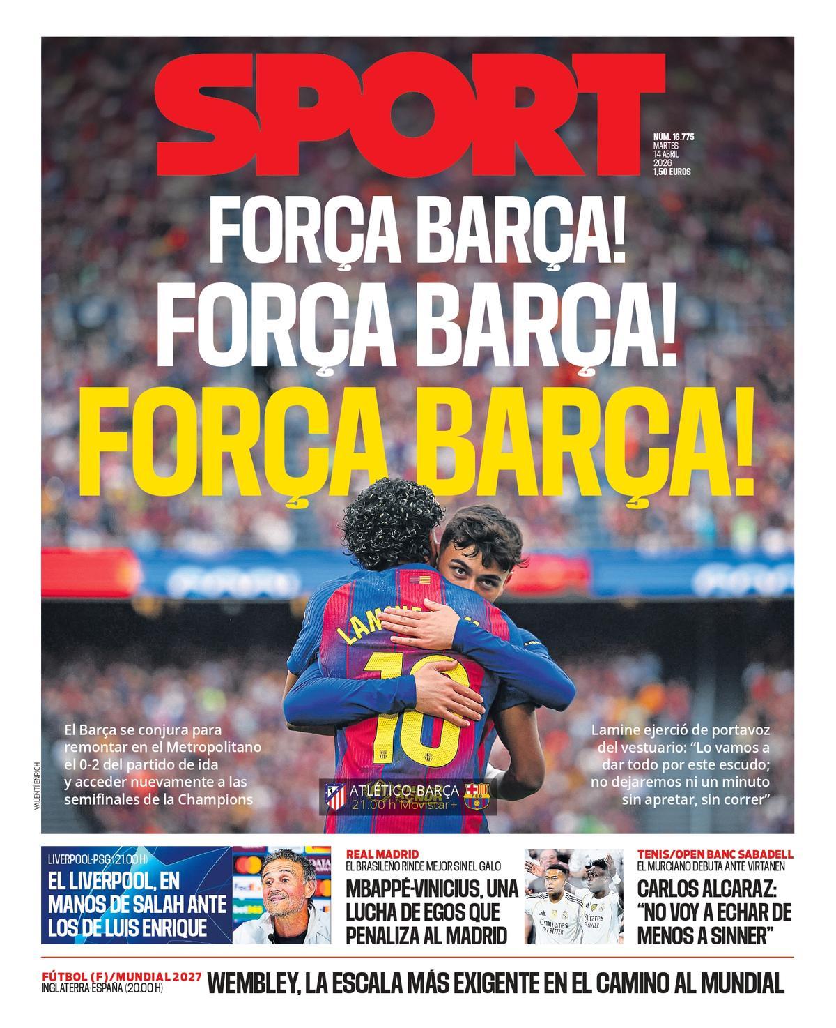 Esta es la portada de SPORT de hoy martes, 14 de abril de 2026