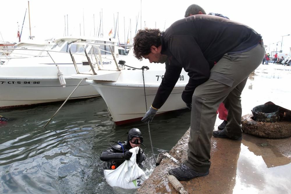 Buceadores limpian la basura del fondo del puerto de Cabo de Palos