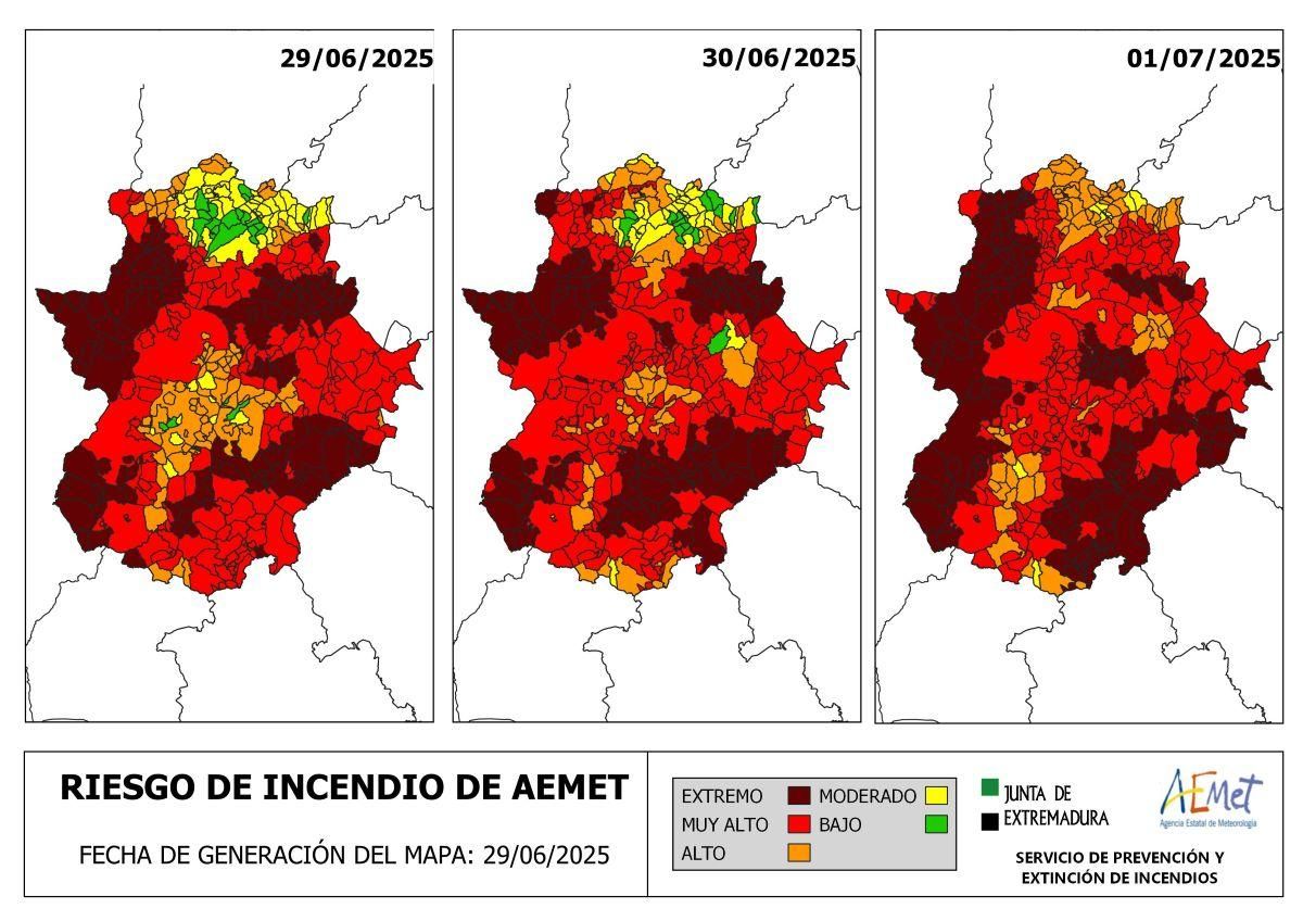 Mapa del peligro de incendios forestales en Extremadura