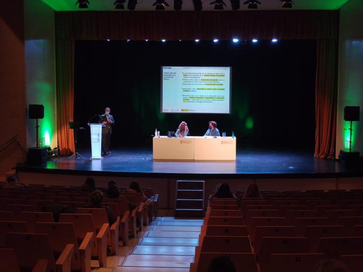 La técnico de Salud de Mieres, Ana Belén Díaz, y la edil de Derechos Sociales, Teresa Iglesias, en la presentación del informe, por parte de Daniel Santiago González (a la izquierda). | A. Velasco