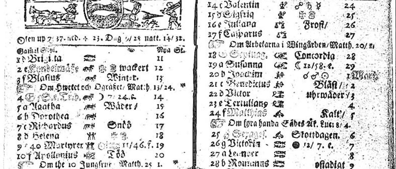 Calendario sueco de febrero de 1712, con el día 30 de febrero.