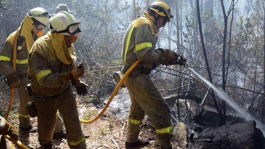 Labores de extinción de un incendio forestal en un monte de la comarca. // Rafa Vázquez