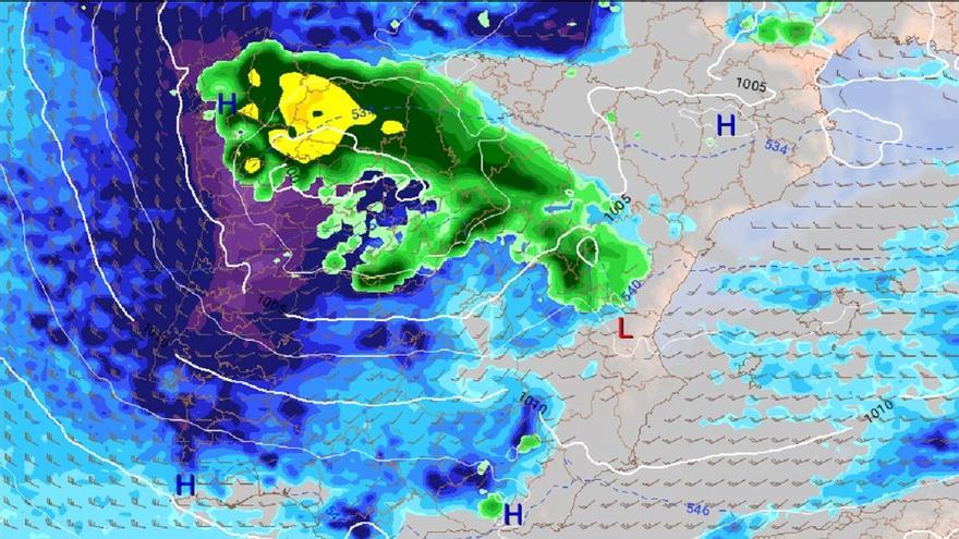 Previsión de lluvia (azul y violenta) y nieve (verde y amarillo) para el día de Nochevieja