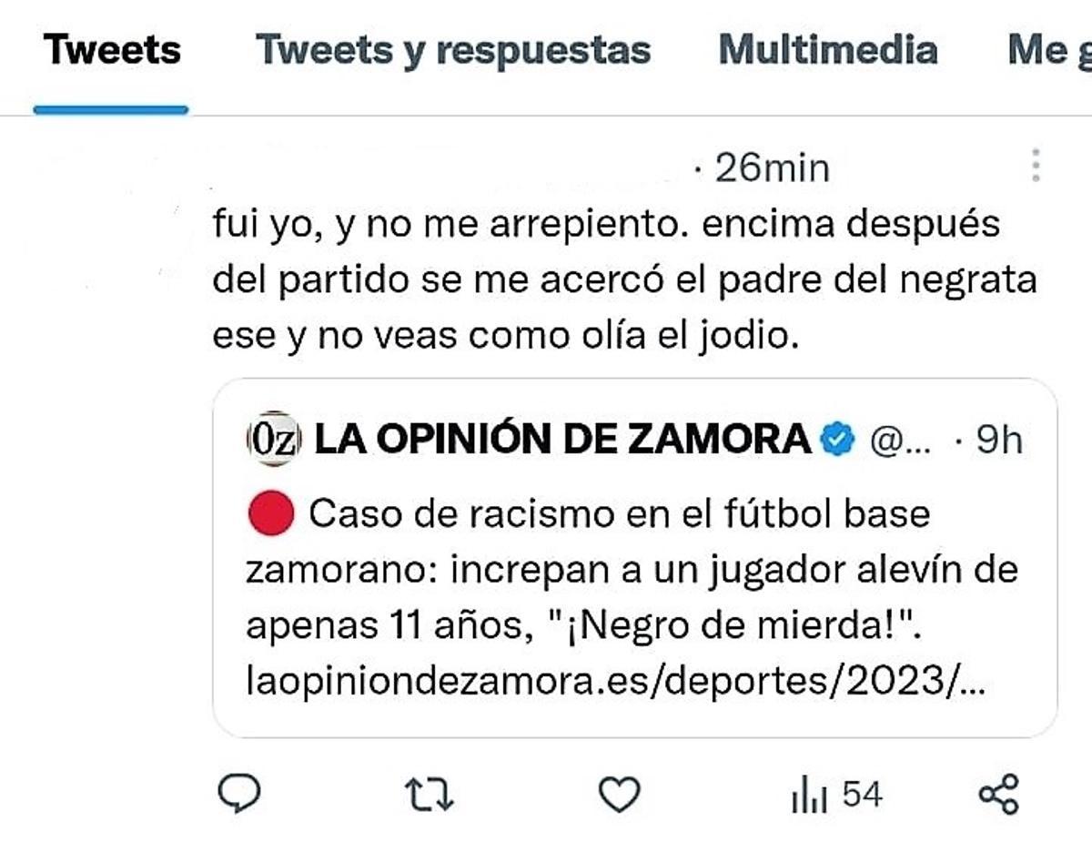 Pantallazo de la cuenta de twitter reconociendo los hechos y citando a La Opinión
