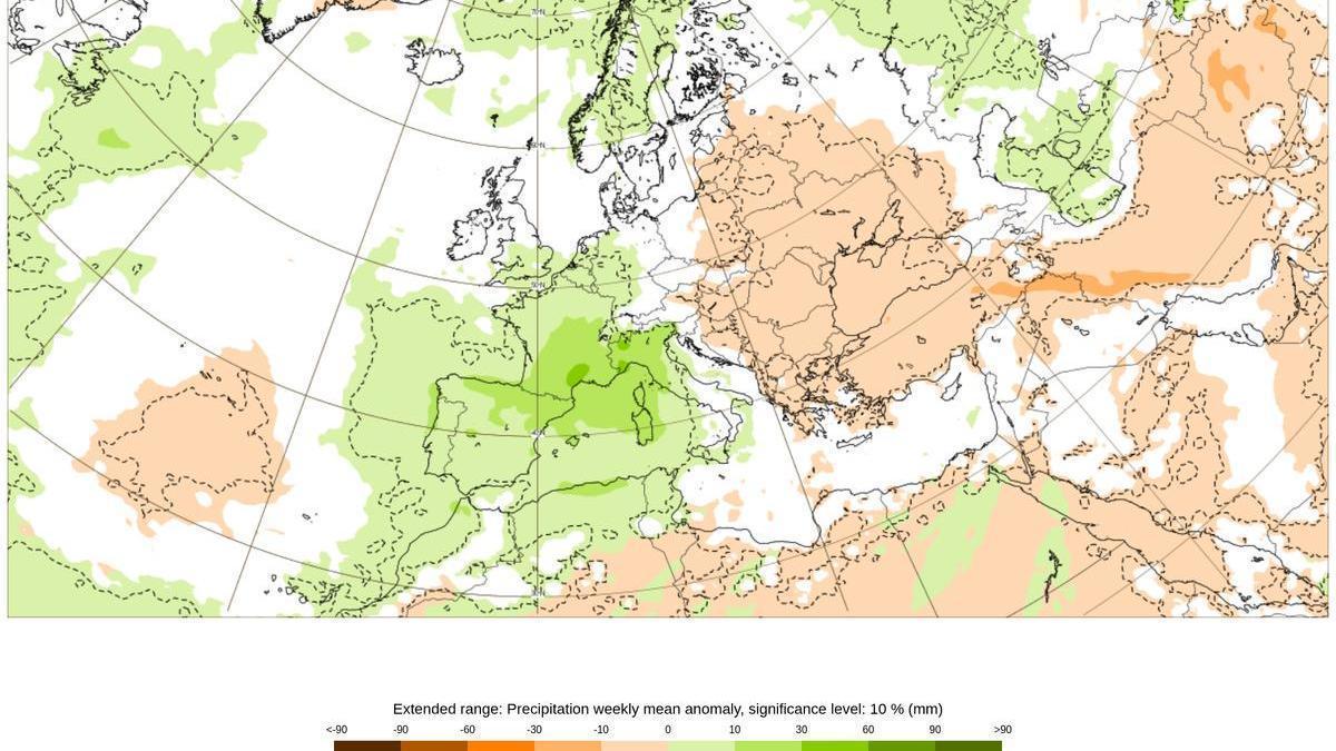 Anomalías de lluvia previstas para Semana Santa en España. En verde, las zonas donde está previsto que llueva más de lo normal