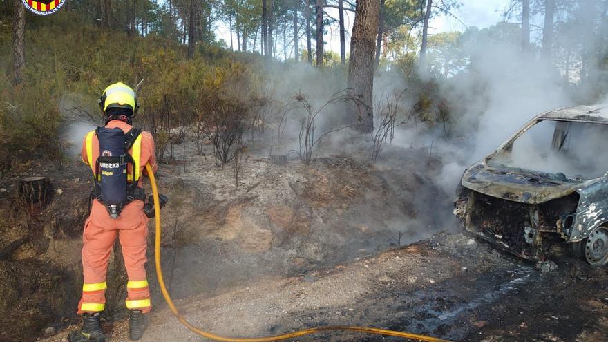 Un incendio en un coche se propaga a masa forestal en Pinet