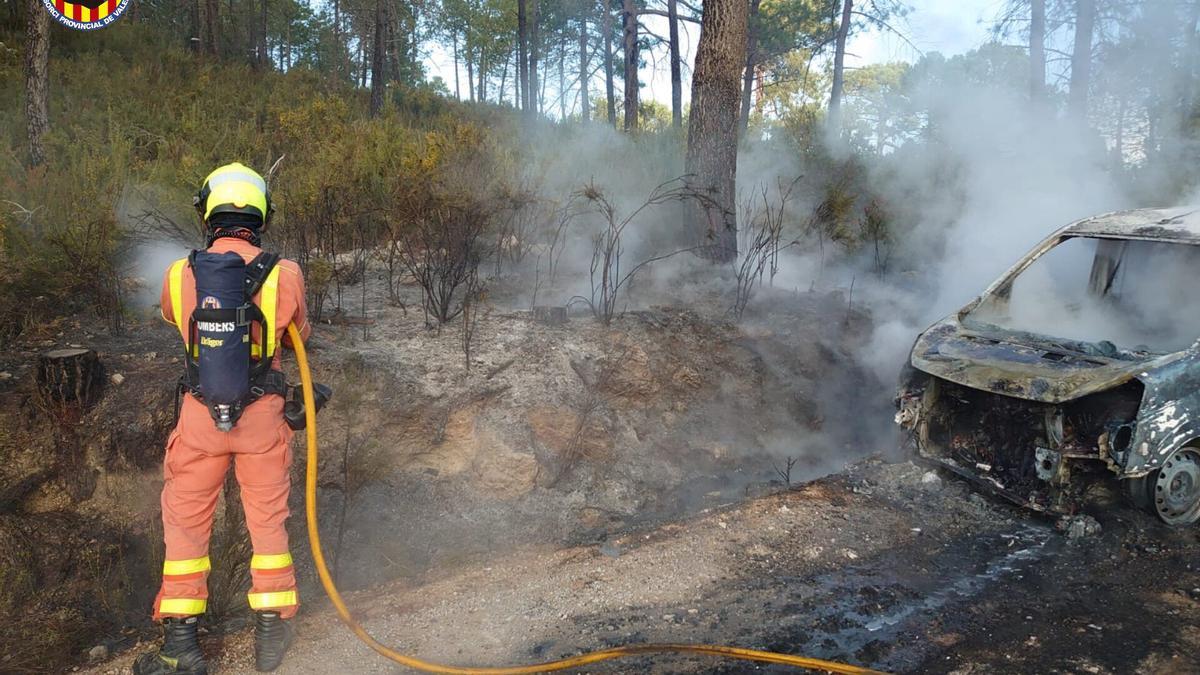 Un incendio en un coche se propaga a masa forestal en Pinet