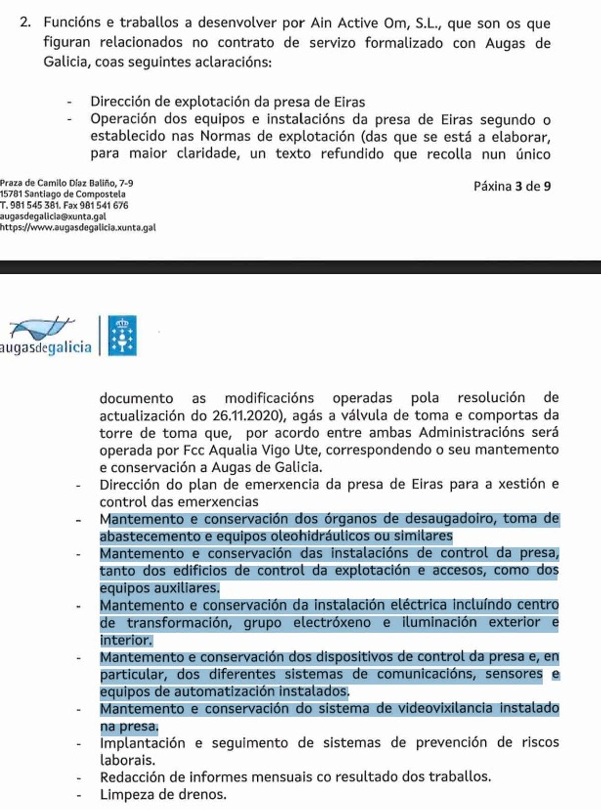 Convenio entre Concello y Augas de Galicia, en el que se establece que el mantenimiento correrá a cargo del organismo autonómico
