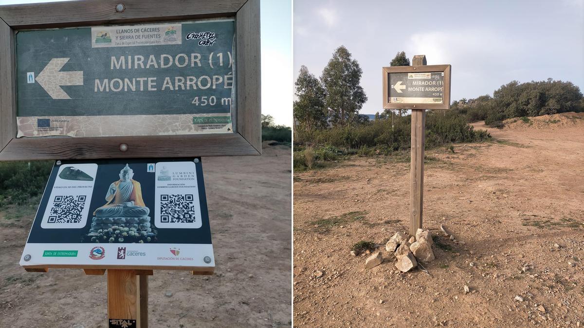 El cartel que anunciaba el templo budista ha desaparecido de Arropé. En el montaje, el antes y el después.