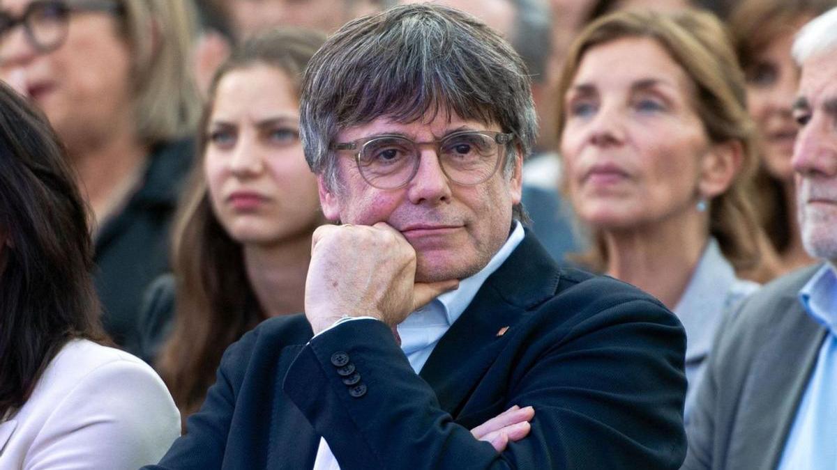 Carles Puigdemont en un acto electoral de Junts en Elna en mayo.