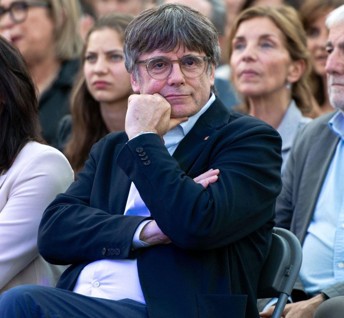 Carles Puigdemont en un acto electoral de Junts en Elna en mayo.