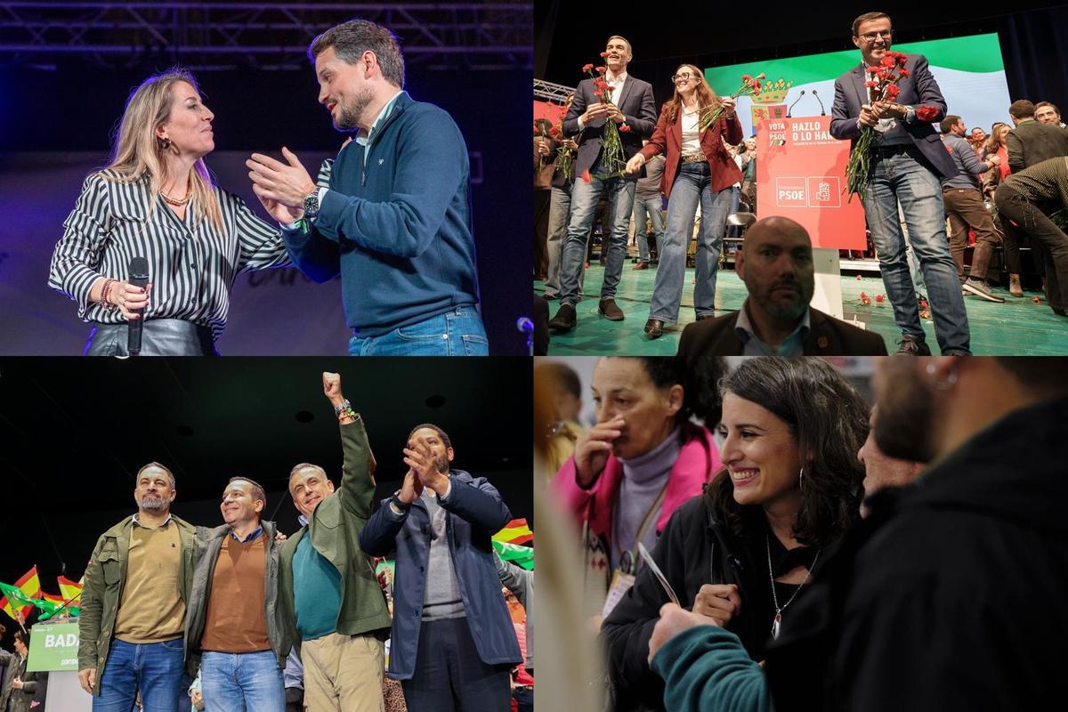 Los candidatos de PP, PSOE, Vox y Unidas por Extremadura, ayer en el cierre de campaña para el 21D.