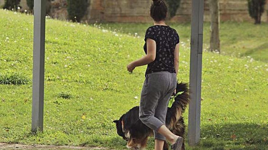 Una mujer pasea con un perro por la ciudad.