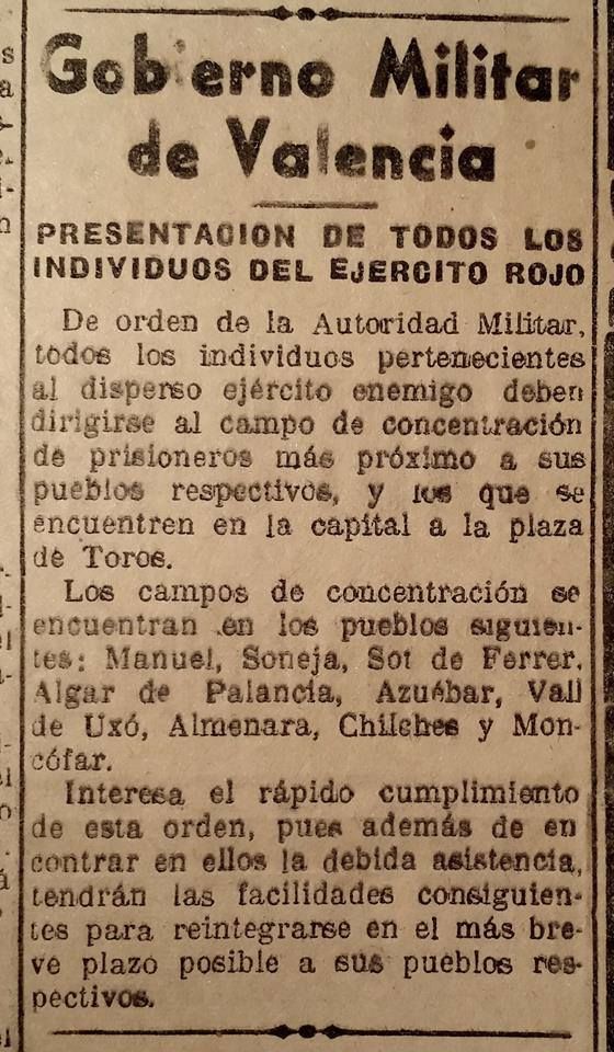 Orden del Gobierno Militar de Valencia en el que se detallan algunas de las localidades que contaban con campos de concentración en los días posteriores al final oficial de la guerra civil.