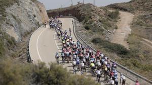 OLVEGA (SORIA), 07/09/2023.- El pelotón durante la 12ª etapa de la Vuelta Ciclista a España 2023, que se disputa este jueves entre Ólvega y Zaragoza, de 151 km de recorrido. EFE/ Manuel Bruque