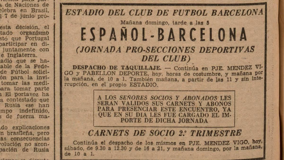 El anuncio del partido del regreso de Kubala al Camp Nou