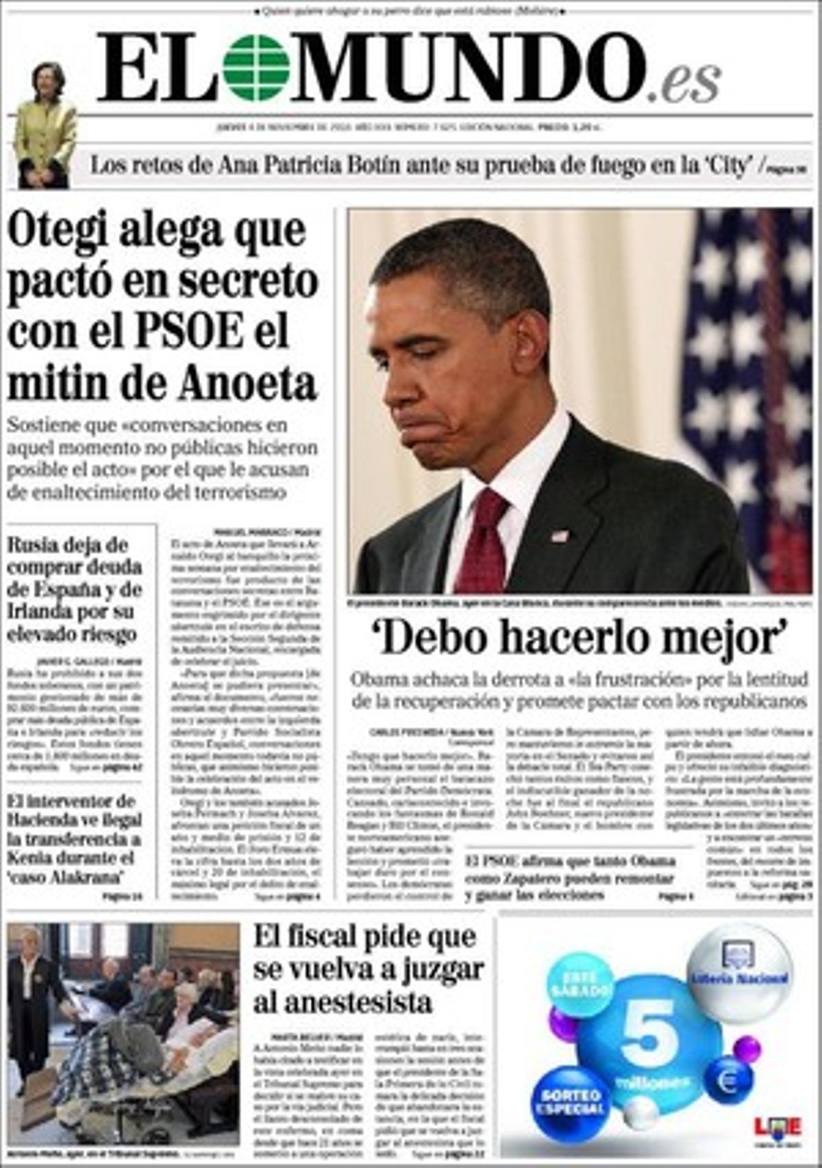 ’El Mundo’ publica a dins que els barons del PP donen suport a l’estratègia ’tranquil·la’ de Rajoy; que l’interventor del Ministeri d’Hisenda considera il·legal l’enviament de diners al negociador que va aconseguir l’alliberament de l’’Alakrana’; que Francisco Correa, a la presó per la corrupció de la xarxa Gürtel, demana que s’inhabiliti Garzón 17 anys per ordenar escoltes il·legals; i que el botí de la pirateria digital a Espanya és de més de 5.200 milions d’euros.