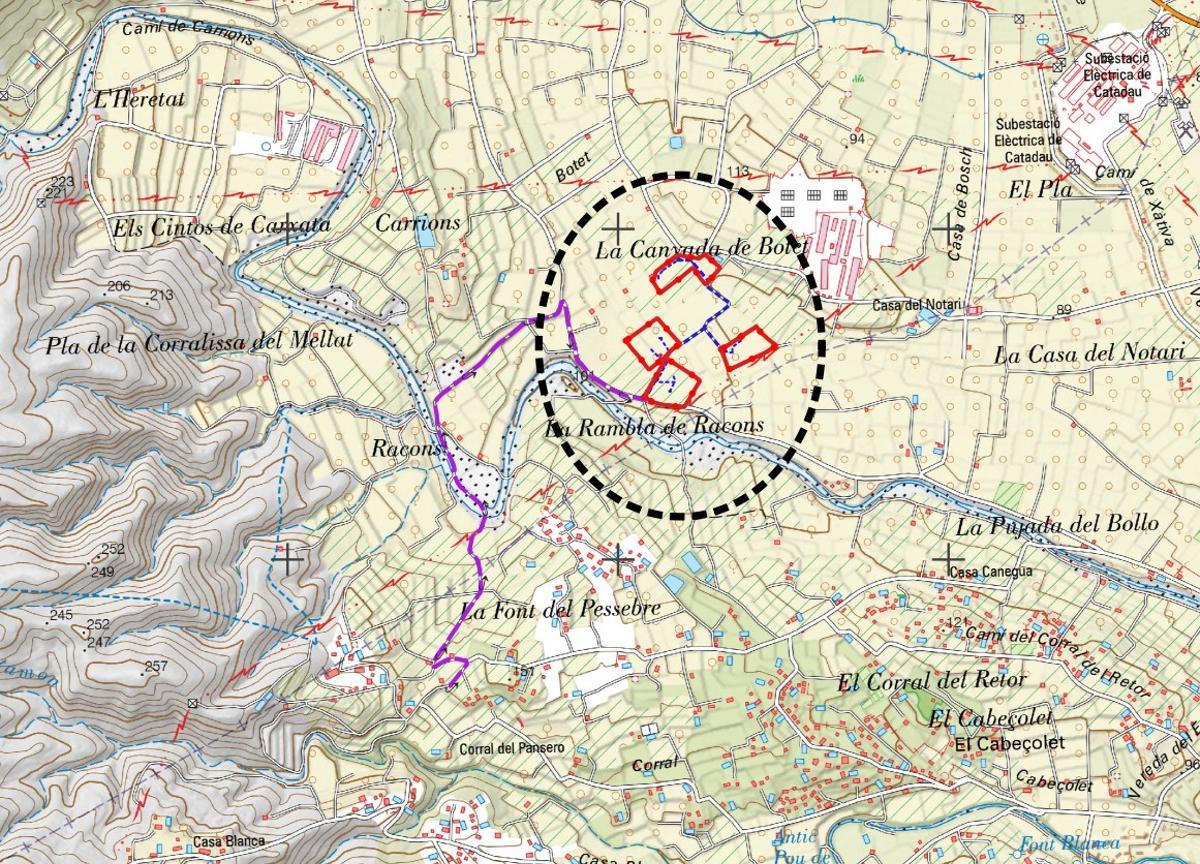 Ubicación en el mapa de los paneles y de la línea de evacuación.