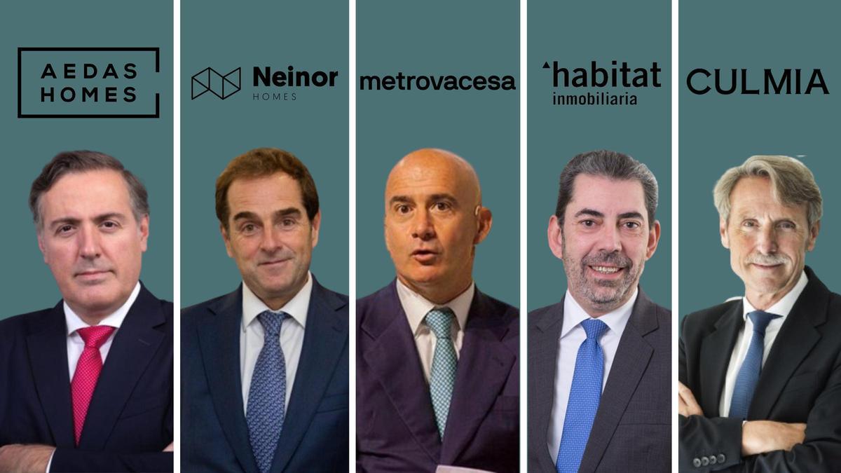 De izquierda a derecha: David Martínez, CEO de Aedas Homes; Borja García Egotxega, CEO de Neinor Homes; Jorge Pérez de Leza, CEO de Metrovacesa; José Carlos Saz, CEO de Habitat Inmobiliaria; y Francisco Pérez, CEO de Culmia