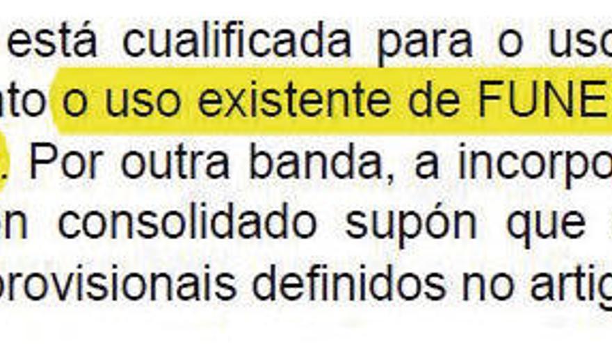 Apartado en la página 4 del borrador donde el Concello dice que la funeraria es &quot;incompatible&quot; con el PXOM.