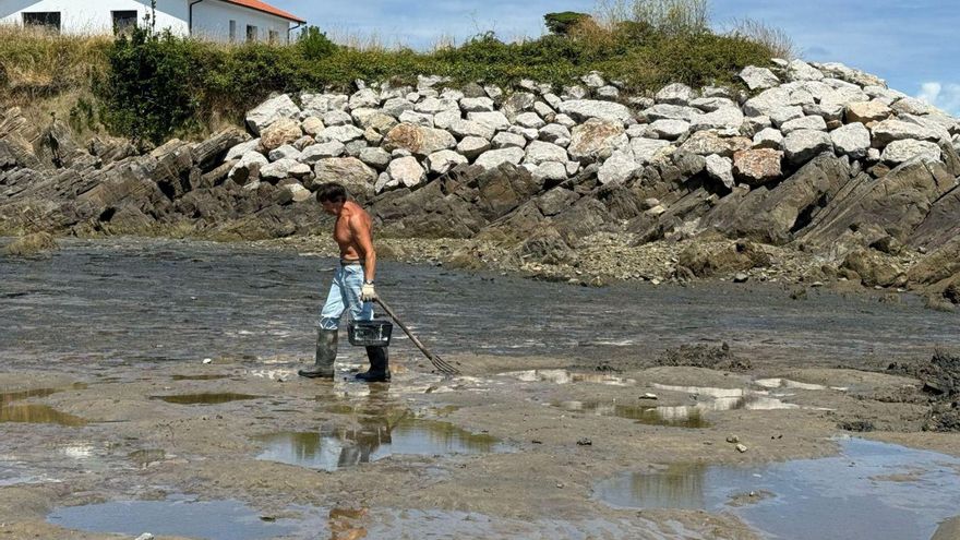 Esteban Gutiérrez, habitual que recoge serrón para la pesca, en la zona oeste de la playa de Bañugues donde se encuentra el fuerte olor. | I. B.