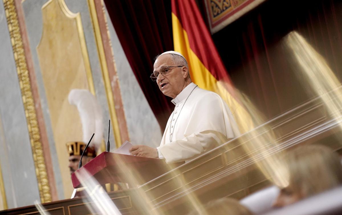 León XIV, en la tribuna del Congreso de los Diputados. León XIV, en la tribuna del Congreso de los Diputados.
