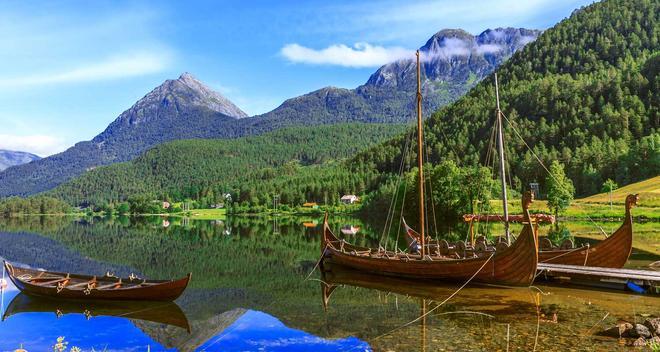 Old viking boats replica in a norwegian landscape