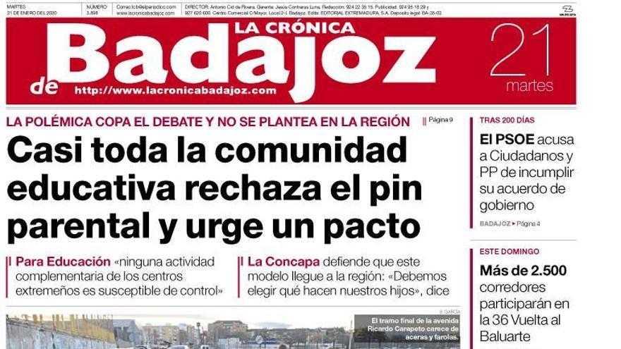 Esta es la portada de LA CRÓNICA DE BADAJOZ correspondiente al día 21 de enero del 2020