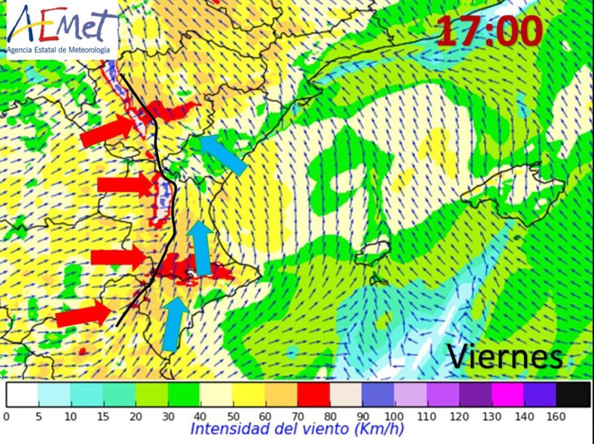 La Aemet explica dónde soplará más el viento. Situación prevista a las 17.00 horas de hoy; la línea negra es la línea de convergencias y posibles turbulencias.