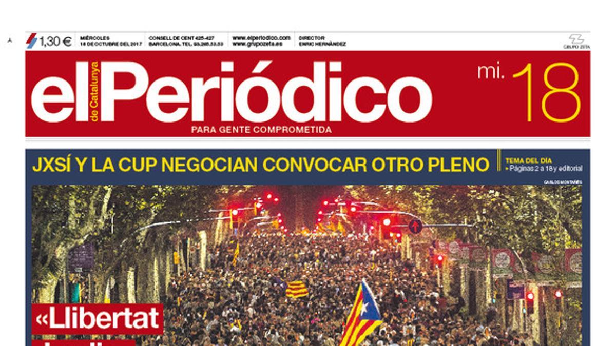 La portada de EL PERIÓDICO del 18 de octubre del 2017.