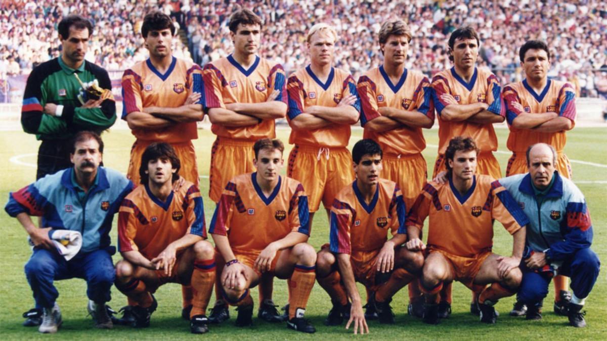 El once inicial que presentó el FC Barcelona en Wembley contra la Sampdoria el 20 de mayo de 1992. Arriba, de izquierda a derecha: Zubizarreta, Nando, Salinas, Koeman, Laudrup, Stoichkov y Eusebio. Agachados (mismo orden): Corbella, Bakero, Ferrer, G