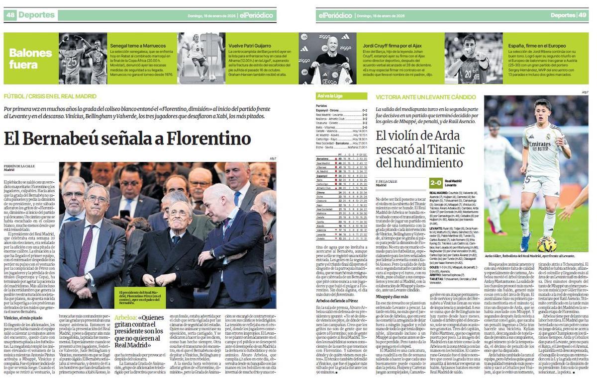 Páginas de El Periódico con la pitada del Bernabéu a Florentino