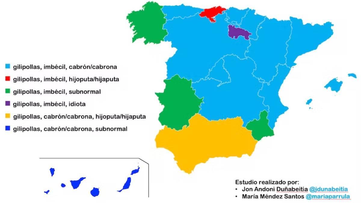 Los tres insultos más frecuentes por comunidad autónoma.